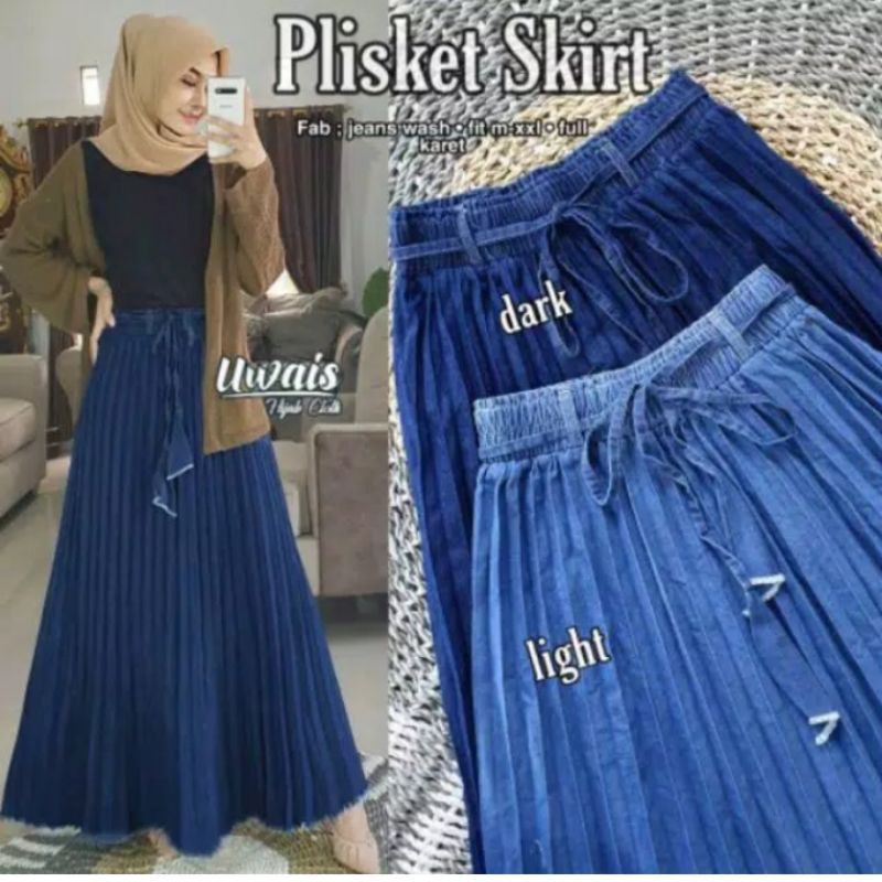 rok jeans plisket / rok jeans plisket skirt /undrok panjang