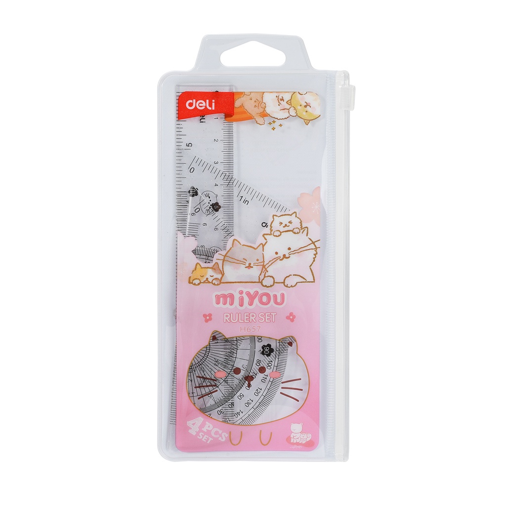 

Deli Ruler Set / Set Penggaris Isi 4pcs Packaging Zip Bag Desain Miyou EH657