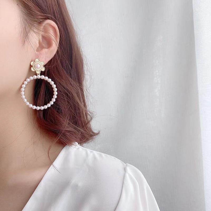 Korea sterling silver jarum Tinggi rasa mutiara anting-anting temperamen pribadi influencer lingkara
