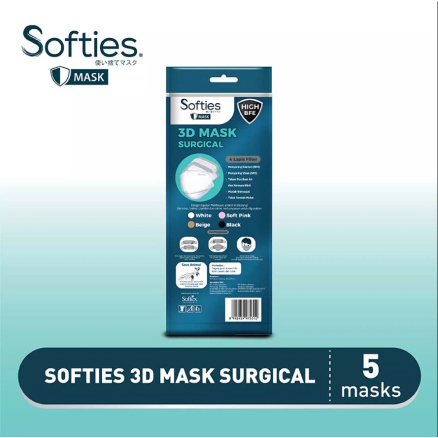 Masker Softies 3D Surgical Mask 4-Ply Earloop isi 5 Pcs