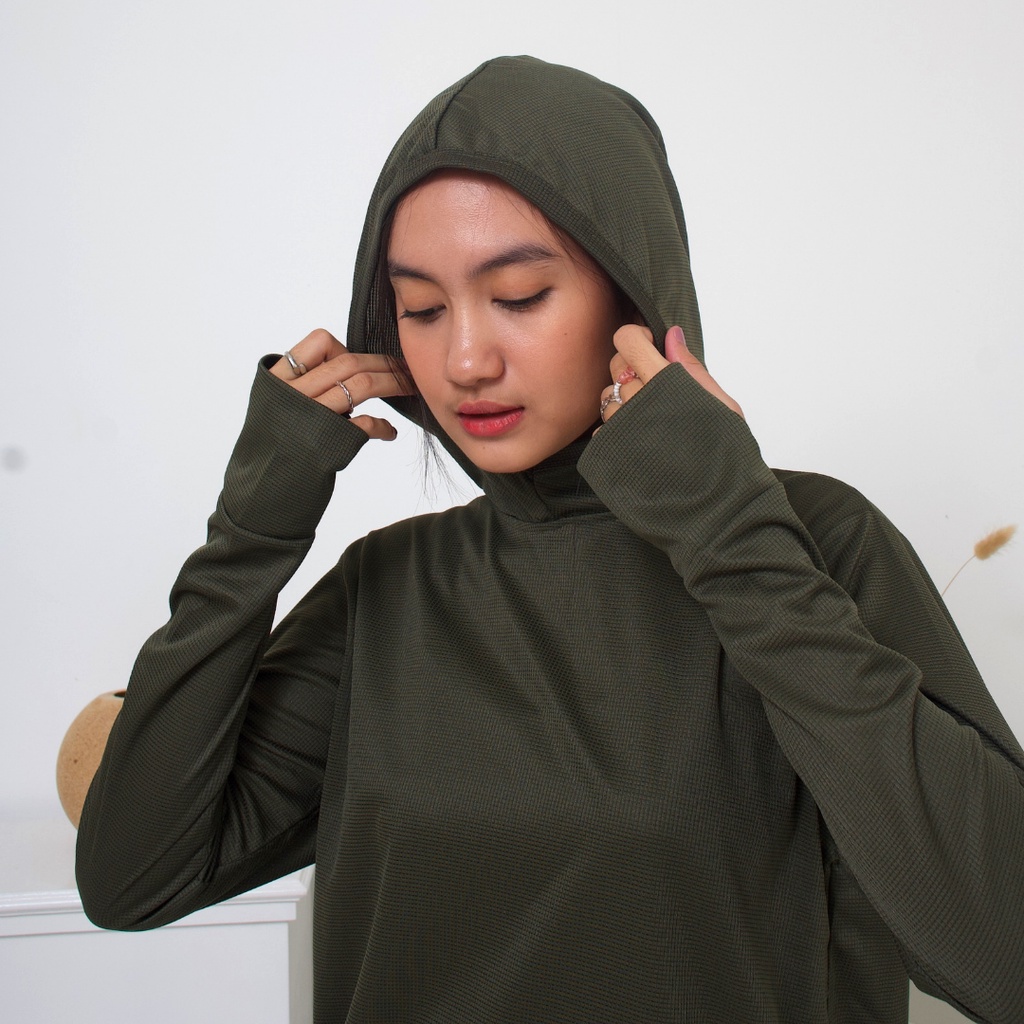 IE.DEMODE Hoodie Wanita Polos Outer Sport Breath Technology Hijau Army-8