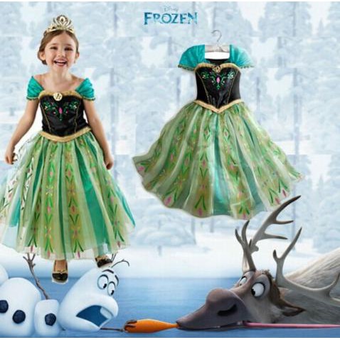 Gaun Anna frozen hijau / dress pesta anak impor