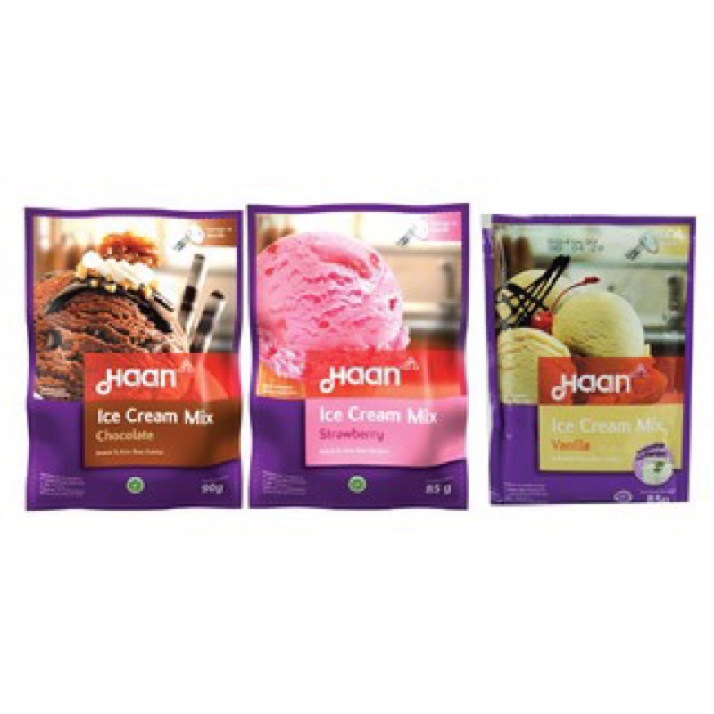 

Haan Tepung Ice Cream Mix Chocolate 90 GR, Vanilla 85 GR , Strawberry 85 GR