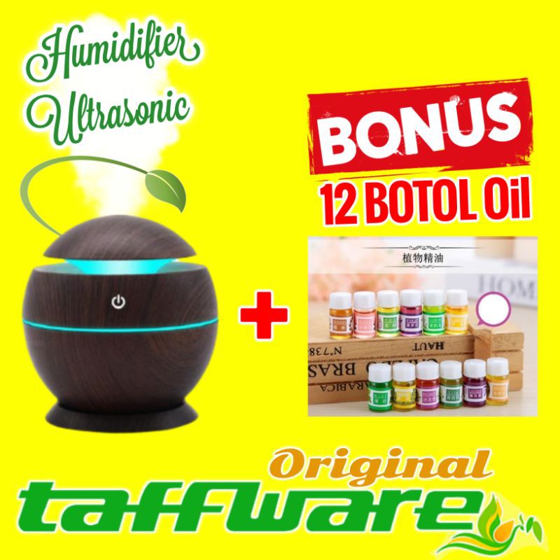 Air Humidifier Diffuser Aromatherapy Aromaterapi Disfuser Taffware Pelembab Pewangi Ruangan 130ml-Coklat Tua + 12 Oil