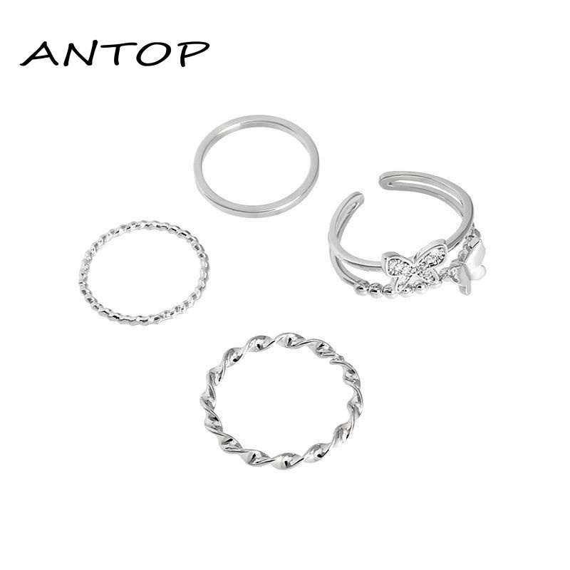 4 Pcs/set 925 Fashion Perak Cincin Set Kupu-kupu Berlian Imitasi Wanita Jari Cincin Perhiasan Aksesoris ANTOP