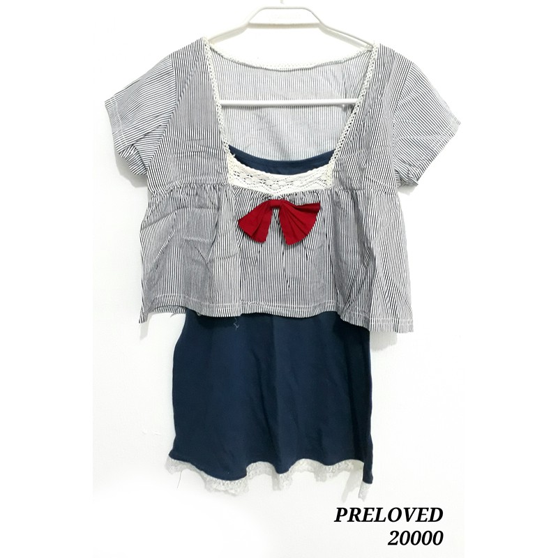 Baju Set Inner Outer Dalaman Luaran Tanktop Bow Pita Stripe Garis Sailor Sale Murah