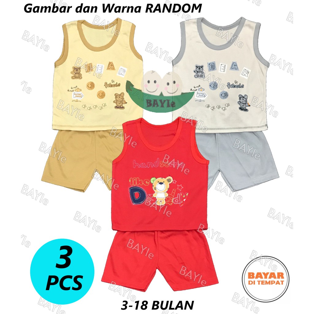 BAYIe - 3 SET Setelan Kaos Oblong Bayi Lengan KUTUNG Motif RANDOM MAKAYLA umur 3 - 18 bulan