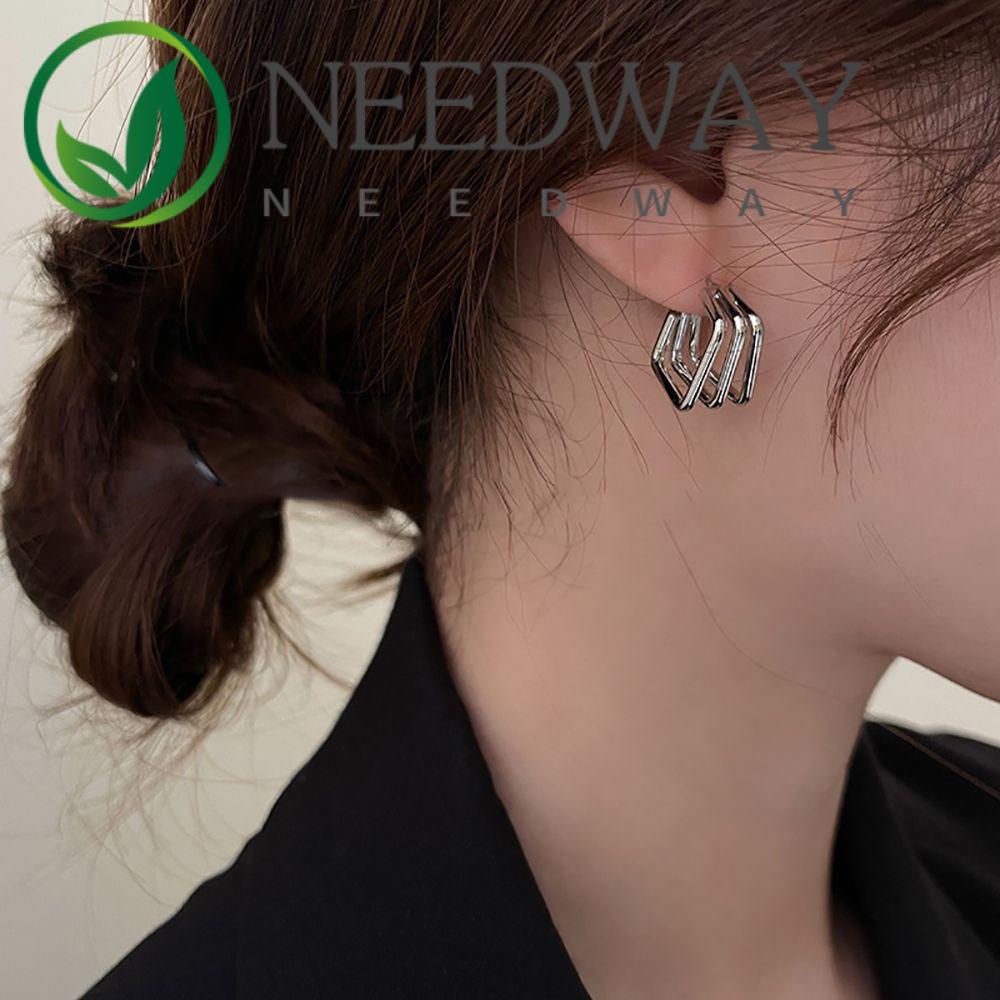 Anting Hoop Multi Layer Bentuk Persegi Geometris Bahan Alloy Gaya Korea Untuk Wanita