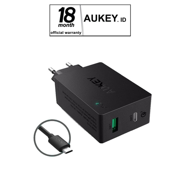 Aukey PA-Y2 33W USB Type C Wall Charger with Quick Charge 3.0 - Hitam