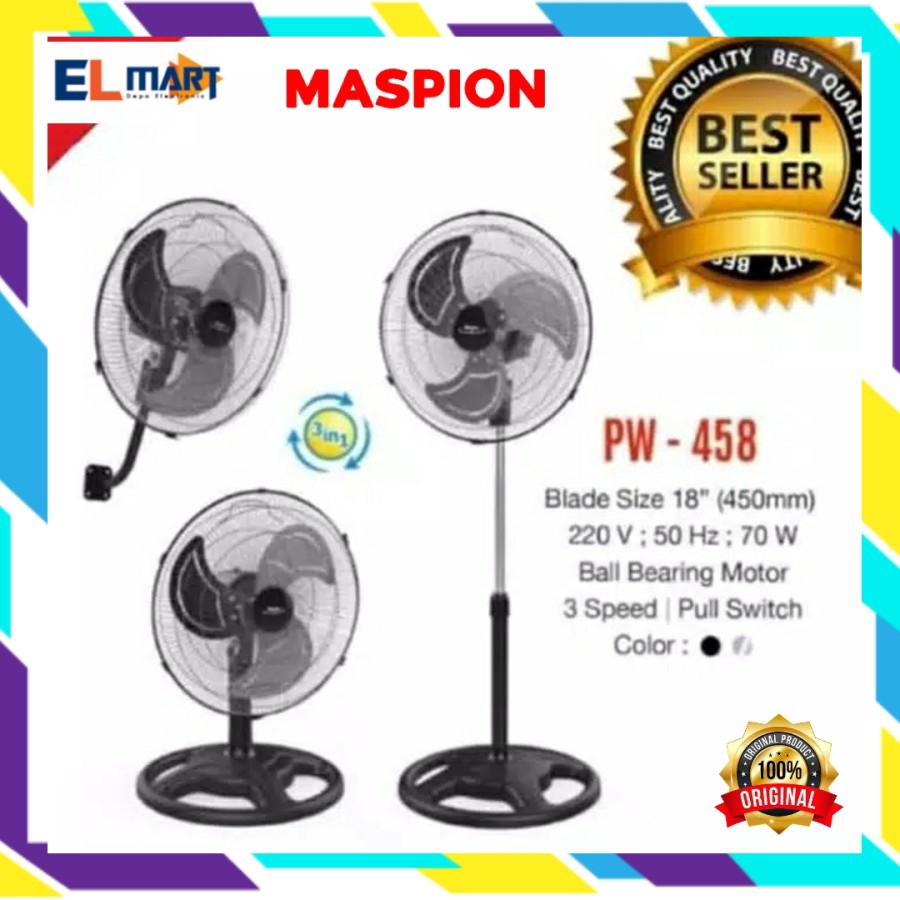 Kipas Angin Maspion Power Fan 3in1 18 inch PW 458 - PW458 Desk Wall Stand Fan 18inch  Baling Besi original (xpedisi)