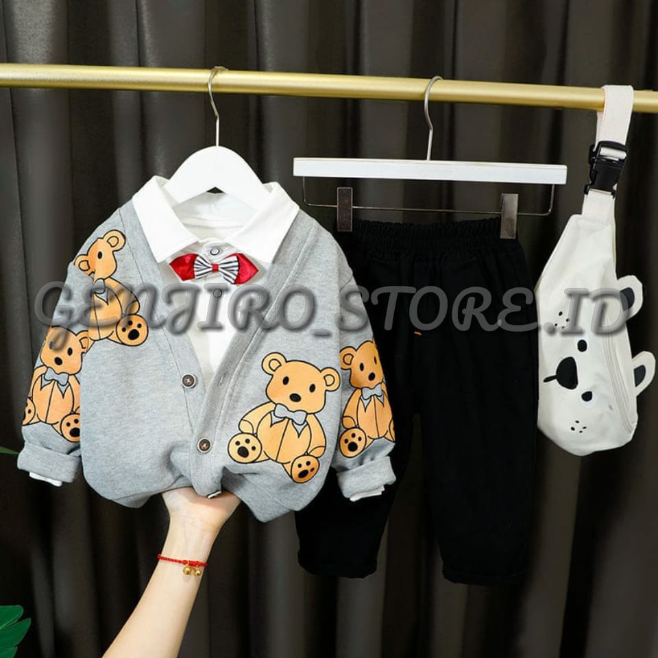 SETELAN ANAK LAKI LAKI/SWEATER ANAK/ SWEATER MOTIF SABLON BEAR/ LENGAN PANJANG ADA DALAM OBLONG LENGAN PENDEK ADA CELANA PANJANG/3 IN 1 /UNTUK ANAK USIA 2 TAHUN - 8 TAHUN/BISA COD