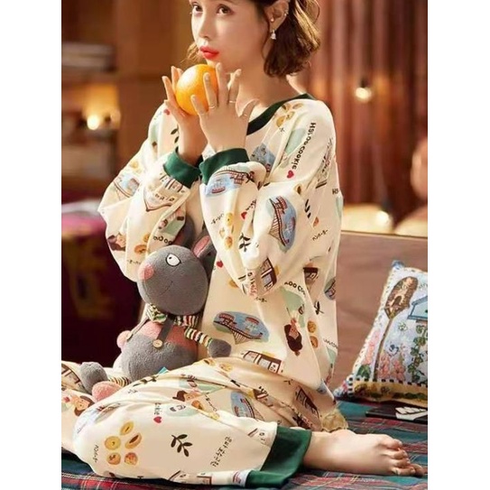 ♩ BAJU TIDUR PIYAMA JUMBO SET PP LENGAN PANJANG CELANA PANJANG IMPORT - StrawberryPeach, L ►