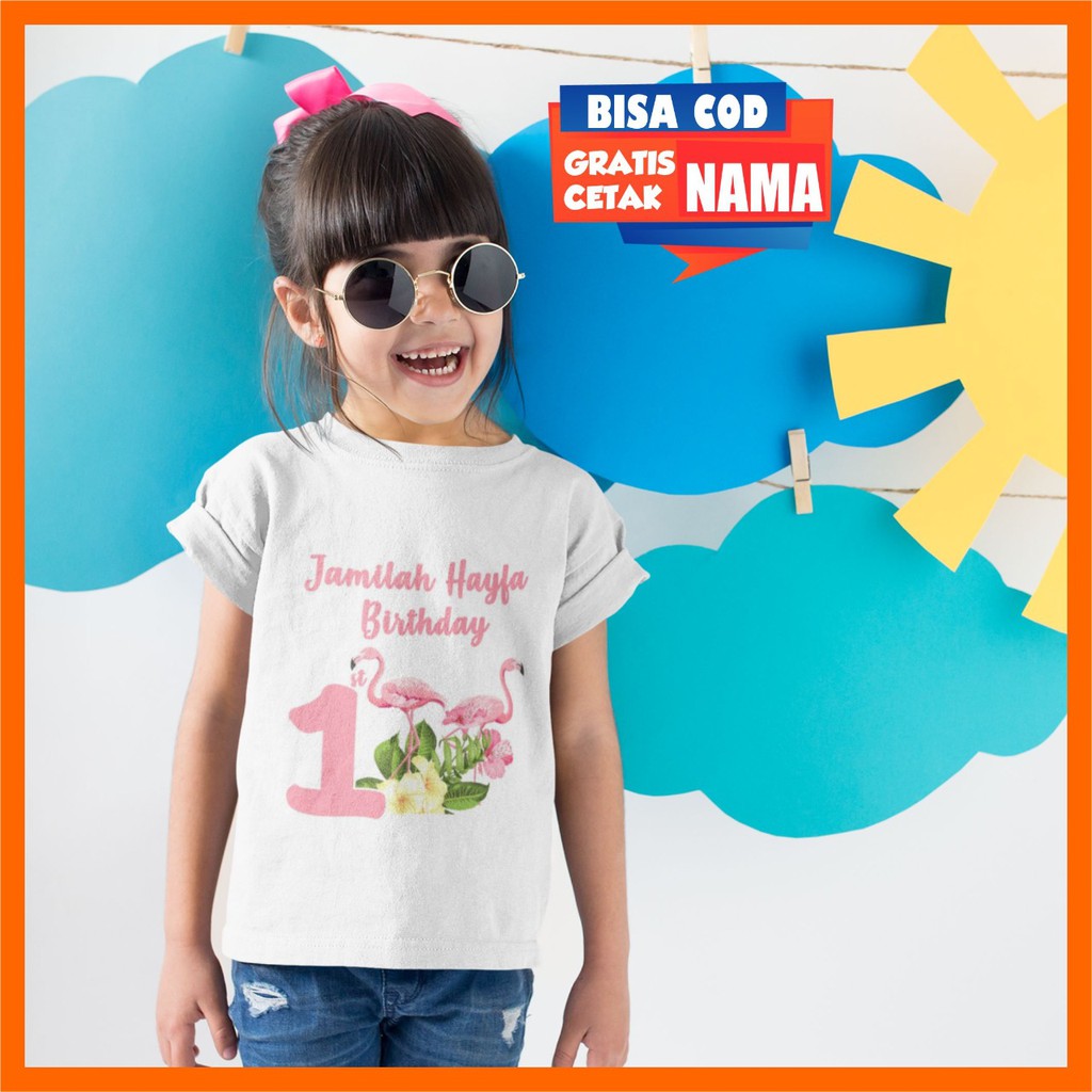 Baju Kaos Ulang tahun Ultah Anak Cewek Perempuan flaminggo flamingo Gratis Cetak Custom Tul