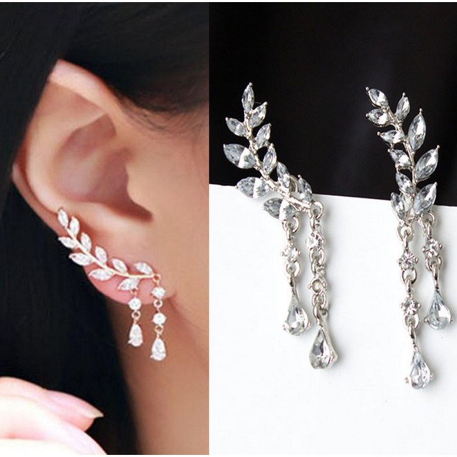 Anting Daun pop manis Korea meninggalkan anting kristal rumbai