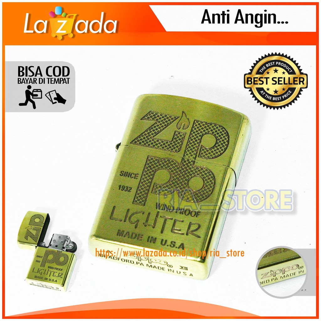 BISA COD-READY STOCK ZIPPO LIGHTER GOLD BONUS + BATU ZIPPO 6 BUTIR ( Denting 2x ) - RANDOM