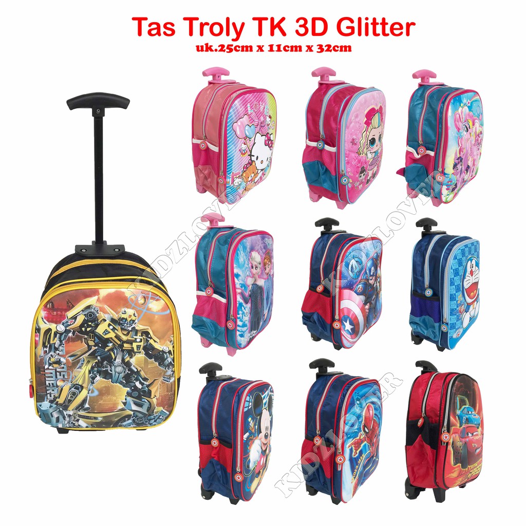 Tas 3D Timbul Koper Ransel Anak Sekolah TK/PAUD Trolley Dorong Troli