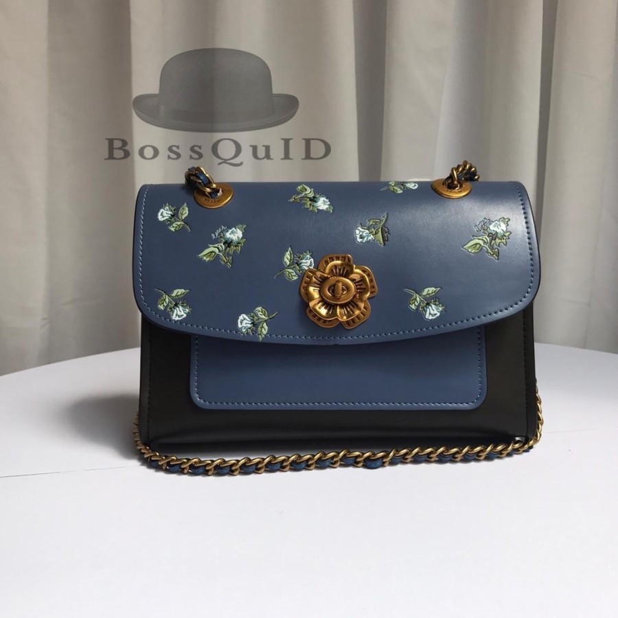 Coach Parker Shoulder Bag With Floral Print Slate Multi Brass