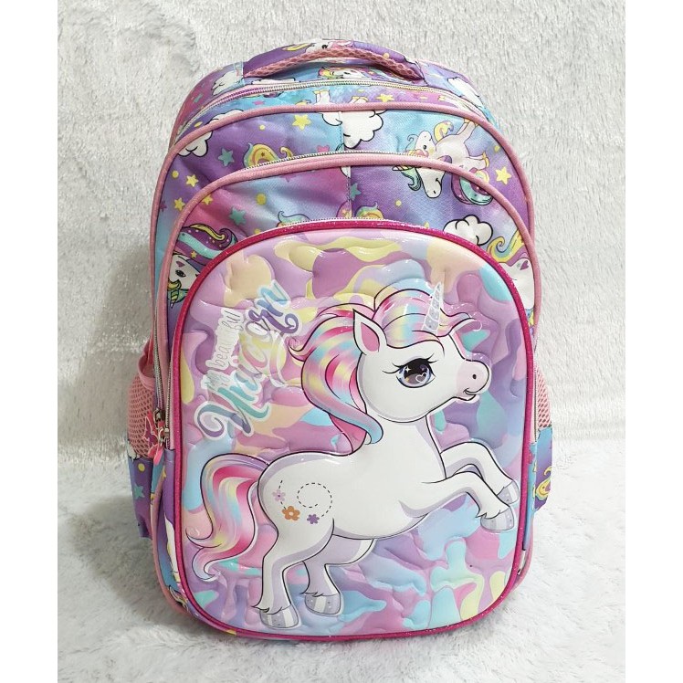 PROMO 10.10 RANSEL SD TAS ANAK SEKOLAH PEREMPUAN CEWE SD  Gambar Kuda Pony dan Putri Cantik LILAC CANDY Odet Snow Happy Polka Duet 3Resleting  ( 16&quot; )