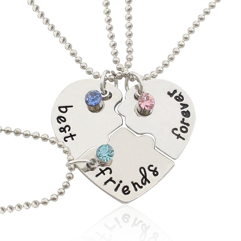 3Pcs Kalung Rantai Liontin Hati Motif Tulisan Best Friends Forever Bahan Alloy untuk Wanita