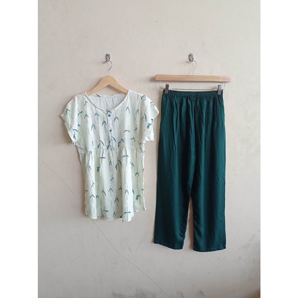 SETELAN BAJU TIDUR PIYAMA WANITA ONE SET PAJAMAS RUFFLE KANCING BUSUI CELANA PANJANG-BBR 23