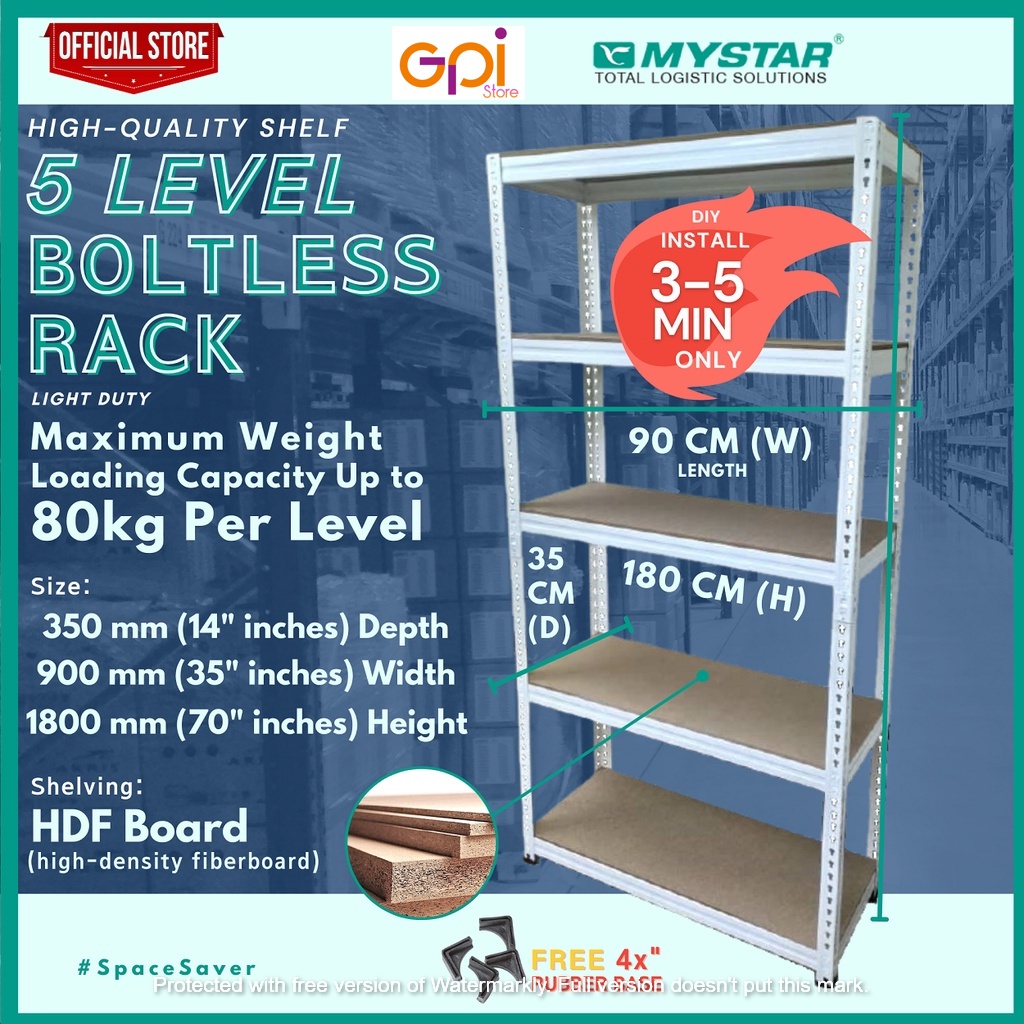 RAK BESI / RAK SIKU BOLTLESS MYSTAR BS5000E - 5 LEVEL - AMBALAN MDF/HDF (90x35x180cm)