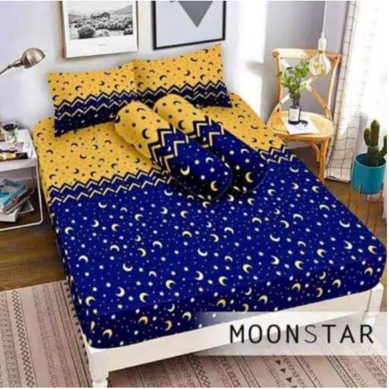 BAHAN KAIN SPREI METERAN AESTHETIC MOTIF BULAN BINTANG BIRU KUNING DISPERSE MICROTEX MIKROTEK