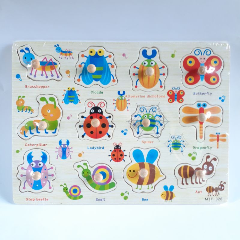 JIGSAW PUZZEL PUZZLE KAYU KNOB MAINAN EDUKASI EDUKATIF ANAK BAYI BALITA 1 TAHUN MURAH COD READY A1-Serangga 026