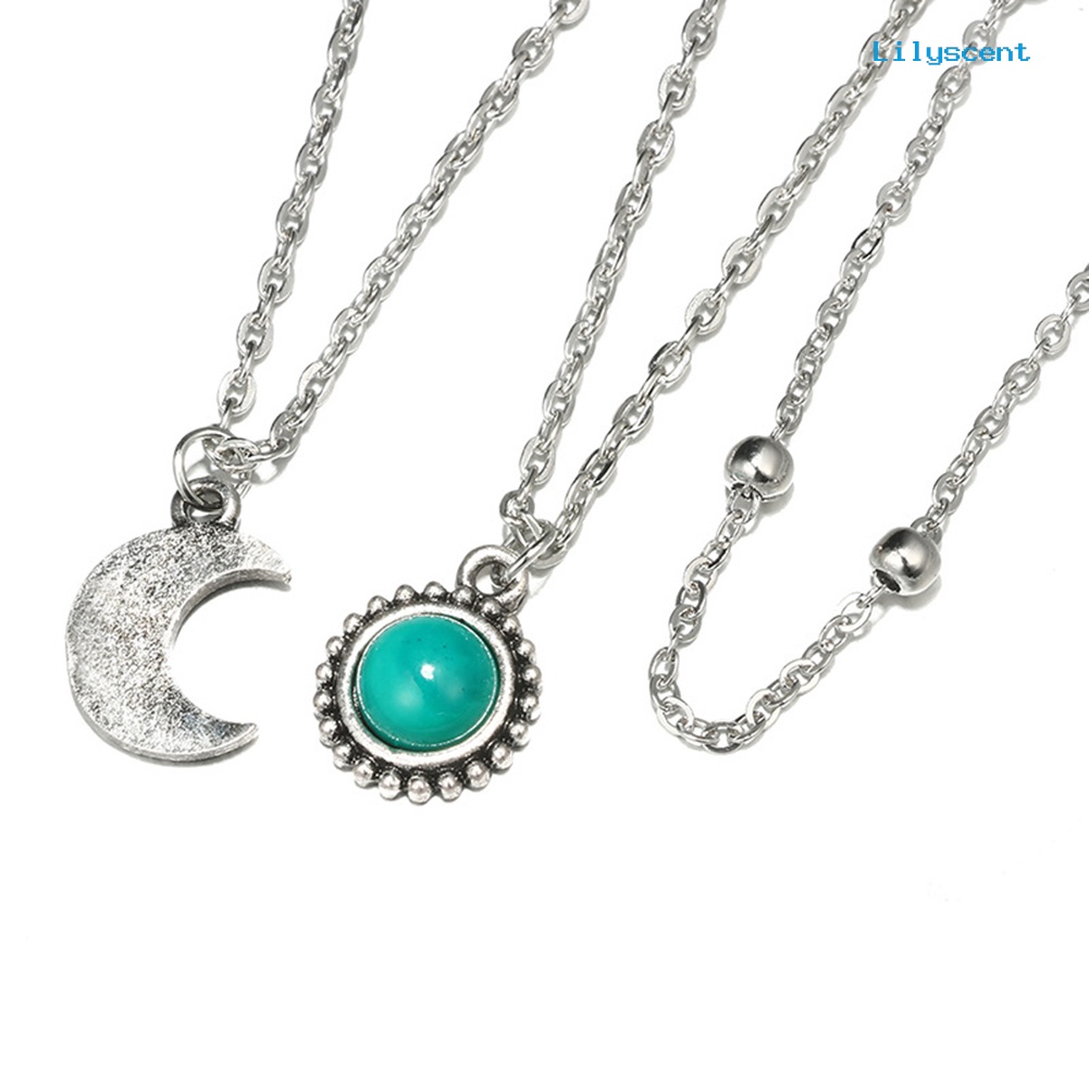 Kalung Rantai Multilayer Dengan Liontin Bulan Sabit Aksen Turquoise Imitasi Untuk Wanita