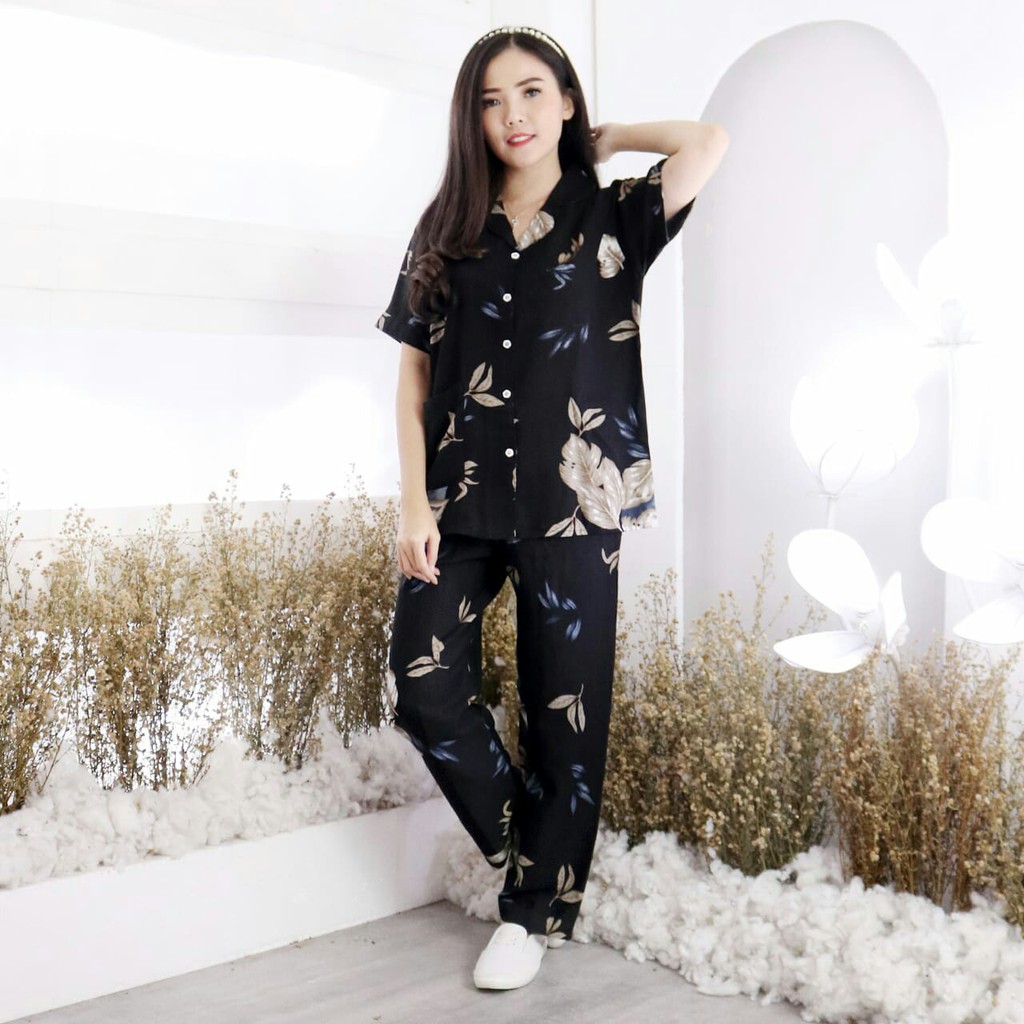 Baju tidur Set Piyama Tie Dye Wanita Celana Panjang  Selvia CP Motif Daun