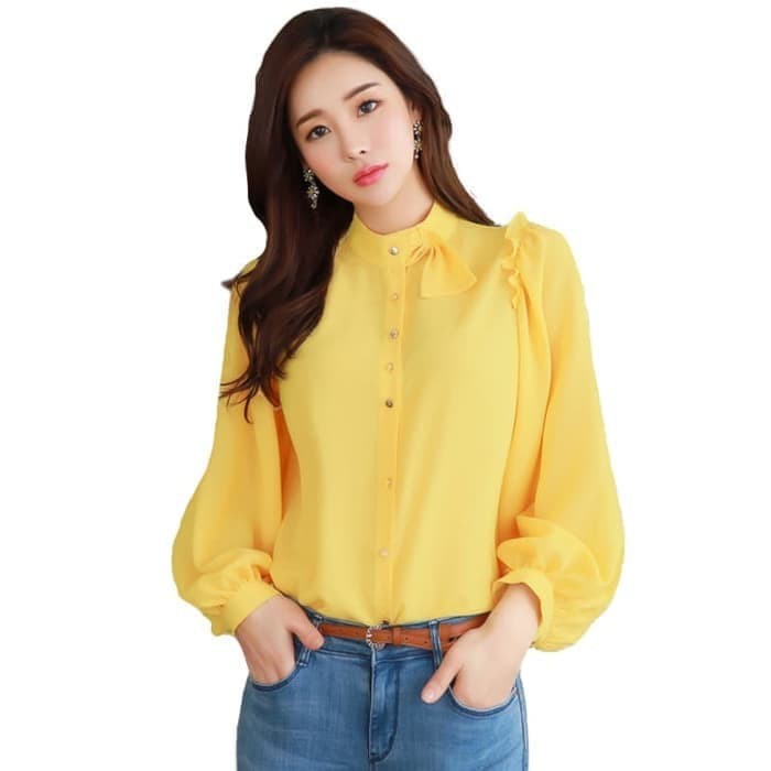 Baju Kemeja Tangan Panjang Wanita Gaya Korea Model Terbaru - Heren- Ke - Kuning- M