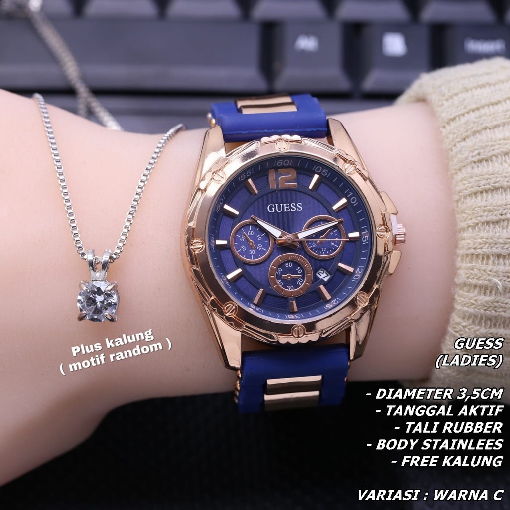 JAM TANGAN WANITA GUESS TALI RUBBER BODY BULAT TANGGAL AKTIF FREE KALUNG