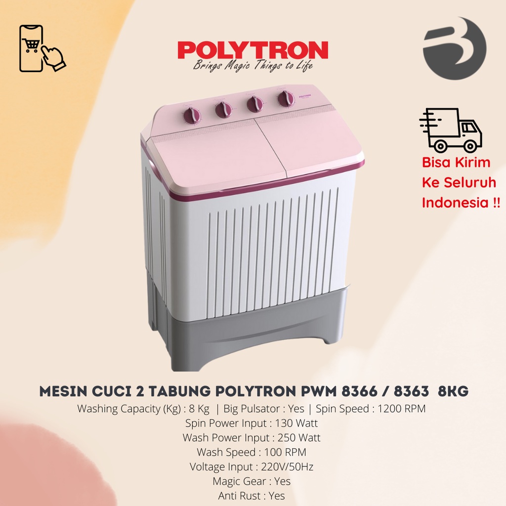 MESIN CUCI 2 TABUNG POLYTRON PWM 8366 / 8363 / PWM 8073 8KG