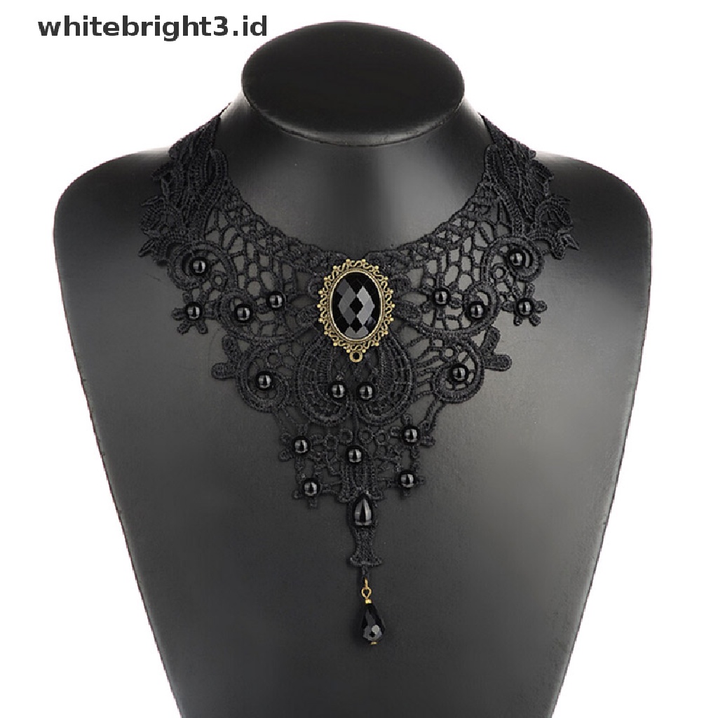 {whitebright3.id} Black Lace&amp; Beads Choker Victorian Steampunk Style Gothic Collar Necklace Gift ,