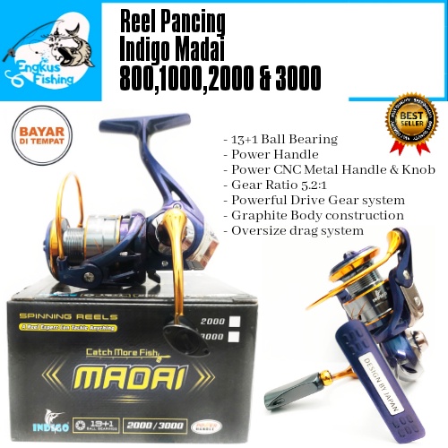 Reel Pancing Indigo Madai 800-6000 (13+1 Bearing) Power Handle Murah - Engkus Fishing