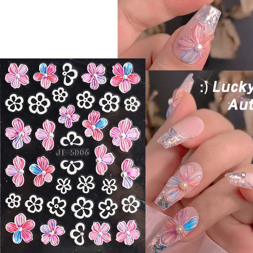 AUGUSTINA Agustina Bunga Stiker Kuku 5D Relief Alfabet Inggris Daun Self Adhesive Nail Art Dekorasi