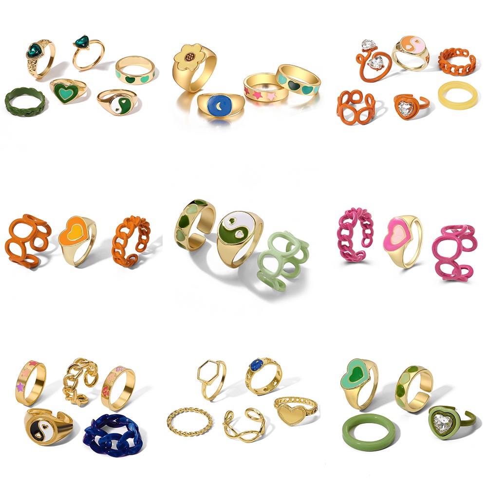 6 pcs / set Warna Resin Cincin Set Logam Terbuka Cincin Untuk Wanita Fashion Kunci Perhiasan Aksesoris Hadiah