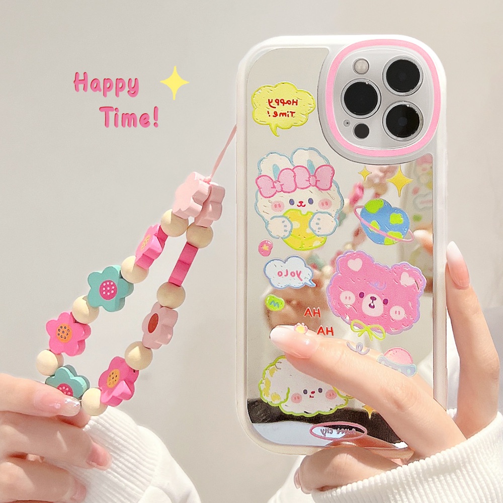 Case Cover Pelindung Hp Motif Kelinci + Cermin Makeup + Rantai Bunga Untuk Iphone 11 / 8 / 7plus / SE2 / XS / XR / 12 / 13pro MAX