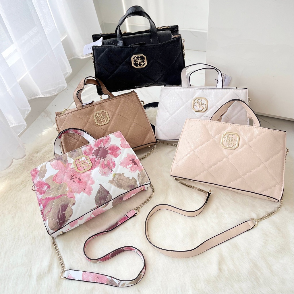 Tote bag guess wanita original tas selampang wanita hand bag gs 682 black flower gold white pink