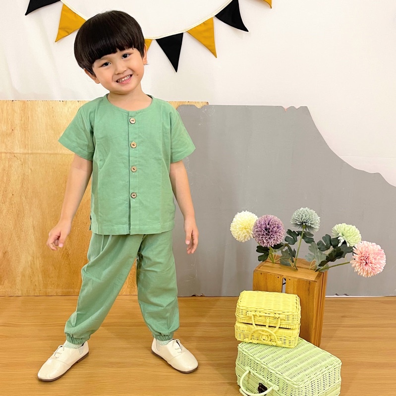 Set Raka Unisex Setelan Anak Bahan Linen Celana Joger Neeca Kiddos Size 2,4,6,8,10 Tahun