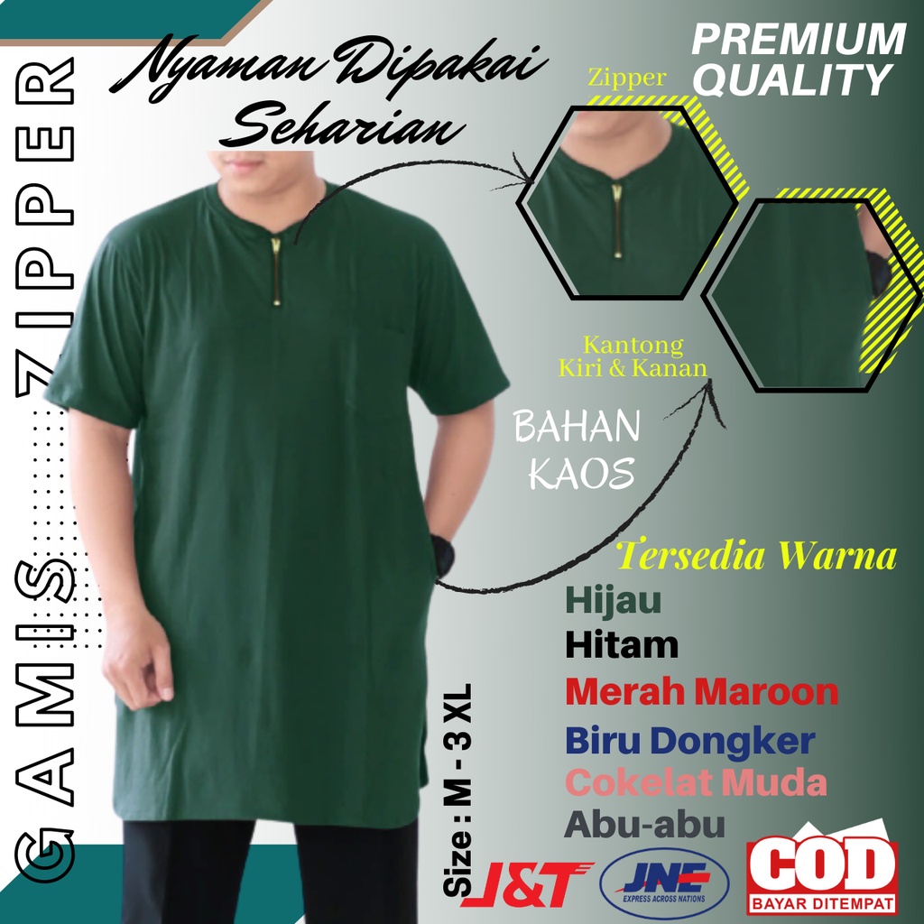 Jual Baju Gamis Koko Kaos AHAD Zipper Kurta Lengan Pendek Pria Laki Laki Dewasa Hijau Tua Harga Terb