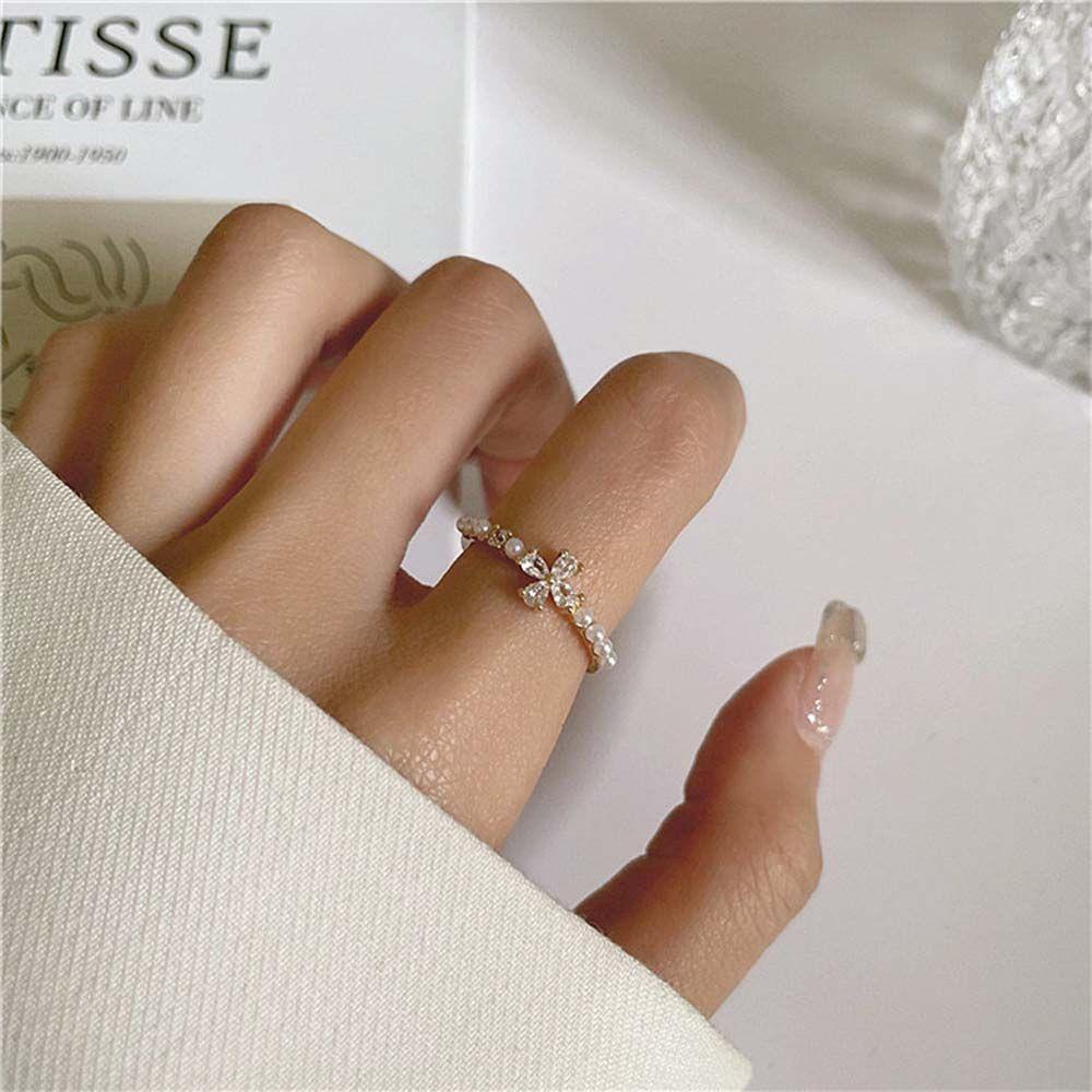 MXBEAUTY Cincin Mutiara Hadiah Gadis Minimalis Elegan Dengan Zirkon Lady Perhiasan Pesta Pernikahan Geometris Rings