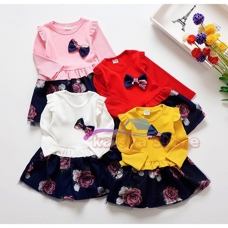 KSY- Baju Dres import anak perempuan lengan panjang ROK ROSE kembang dress tutu anak