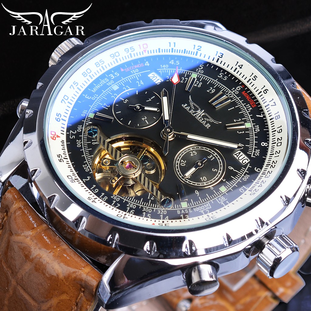 Jam tangan mekanik pria keren Jaragar Luxury Brand Automatic Mechanical Male Watches Calendar Brown