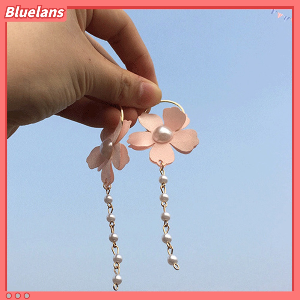 Bluelans Fashion Women Chiffon Flower Faux Pearl Circle Long Dangle Stud Earrings Jewelry