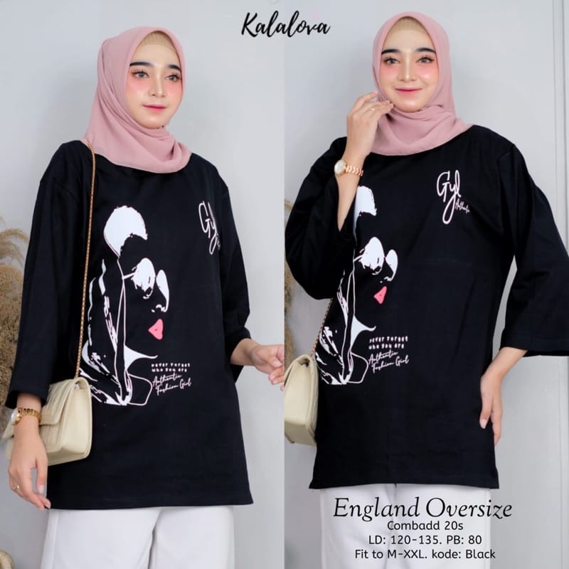 Atasan Wanita Terbaru England Top Kaos Oversize Lengan 7/8 Baju Wanita Kekinian Blouse Wanita Matt Combed 20s