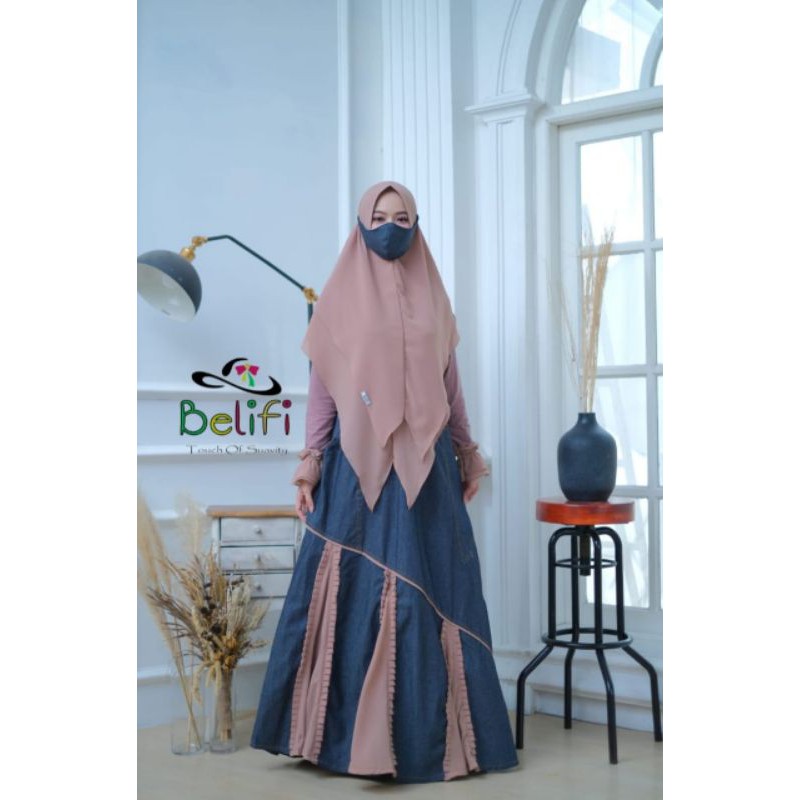 gamis syari tatan denim keren cantik casual santai simple jalan premium butik original belifi