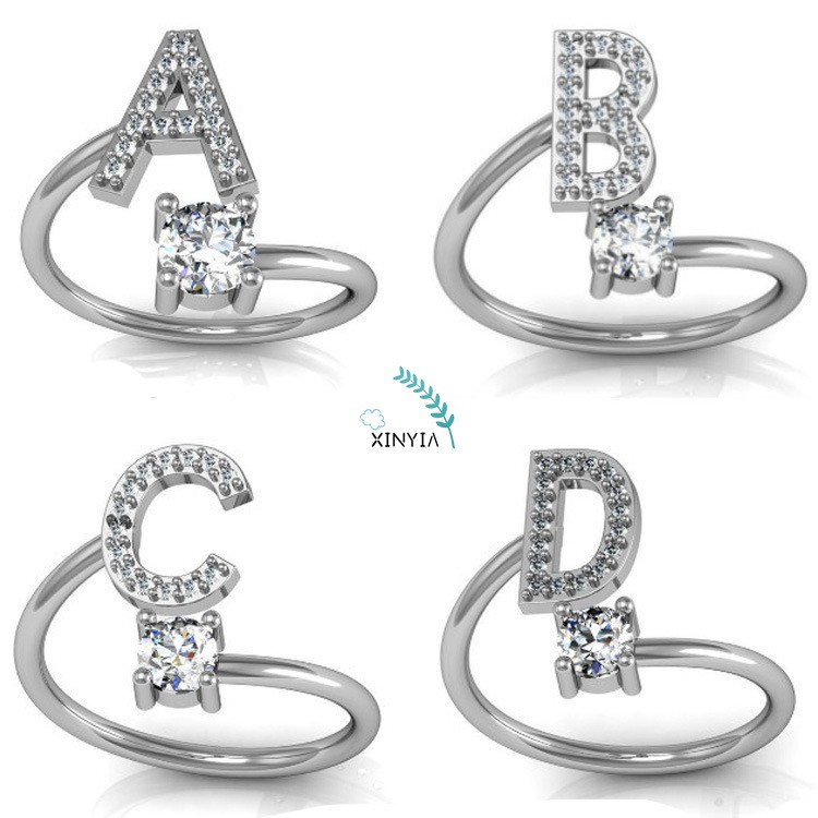 1Pc Cincin Terbuka Adjustable Motif Huruf Alfabet Inggris Hias Berlian Imitasi Untuk Wanita