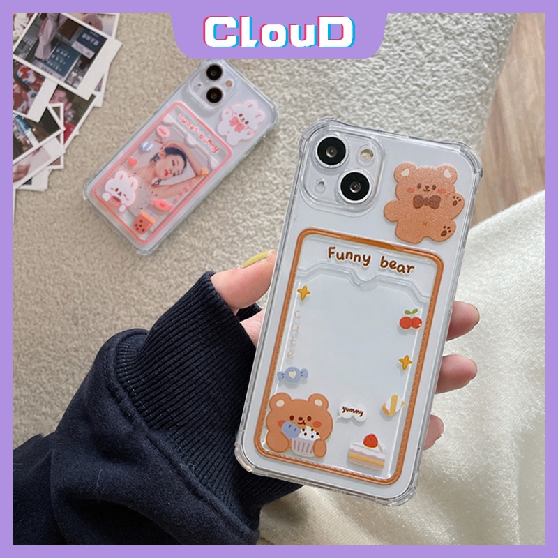 Soft Case Tpu Transparan Motif Kartun Kelinci Beruang Dengan Slot Kartu Untuk iPhone XR X XS Max 7 8 Plus 11 13 12 Pro Max 6 6s Plus SE 2020