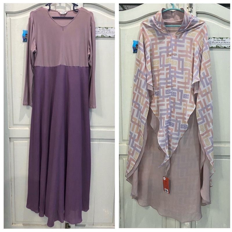 New khimar berkha + Preloved dress sisesa non swarovsky purple sz 100/142