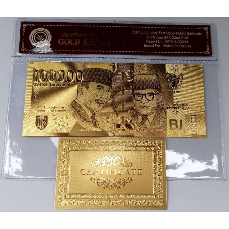 Uang souvenir gold foil 100.000 rupiah soekarno hatta NKRI baru lengkap dengan plastik frame COA